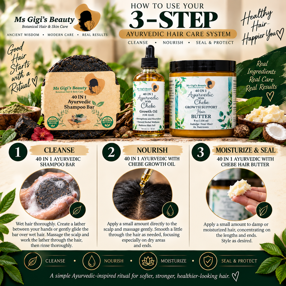 3-Step Ayurvedic With Chebe Hair Care System, Ayurvedic Hair Growth Oil, Ayurvedic With Chebe Butter