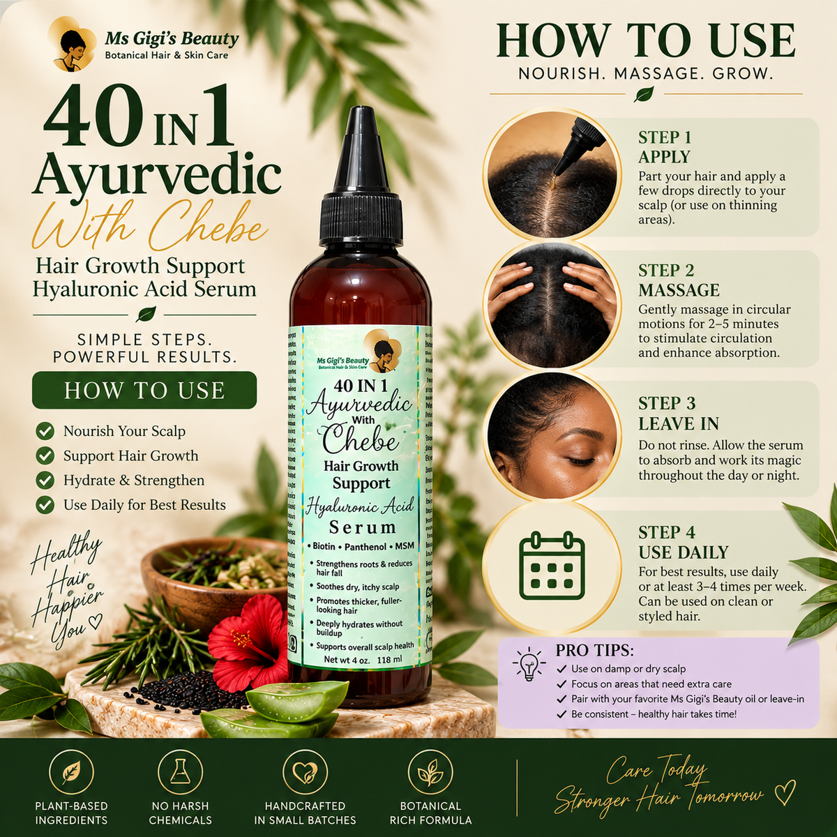40 IN 1 Ayurvedic With Chebe Hair Serum, Oil Free Herbal Hyaluronic Acid Serum With Biotin