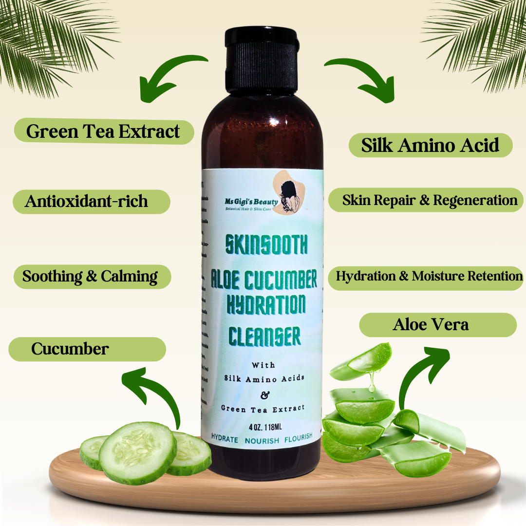 Skinclearth aloe cucumber hydration cleanser bottle with ingredients listed on a beige background.