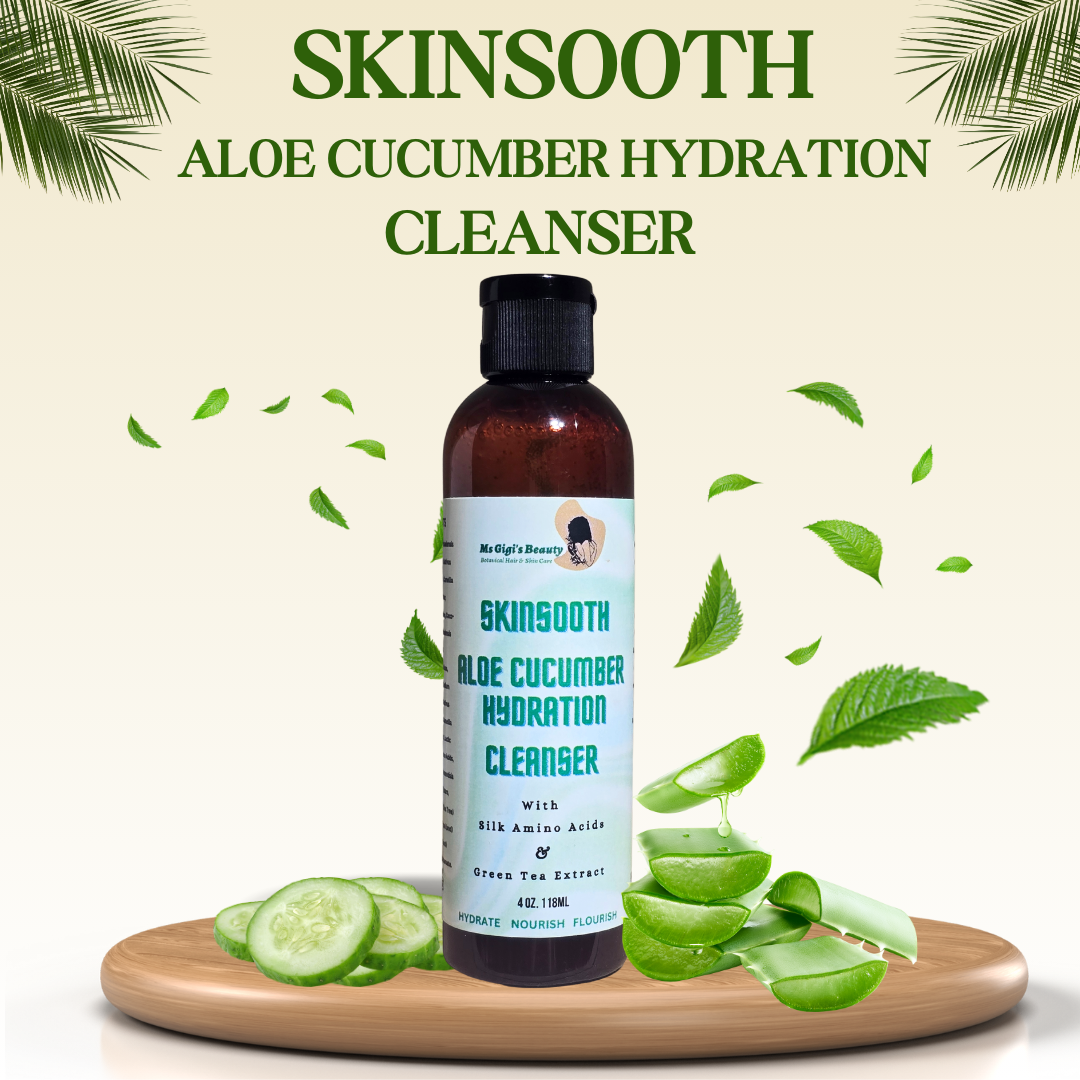 Skinsooth aloe cucumber hydration cleanser bottle with aloe leaves and cucumber slices on a beige background