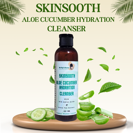 Skinsooth aloe cucumber hydration cleanser bottle with aloe leaves and cucumber slices on a beige background