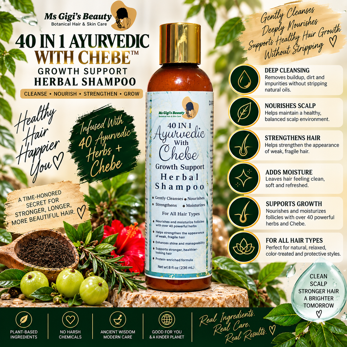 40 IN 1 Ayurvedic With Chebe Wash Day Duo, Growth Support Herbal Shampoo & Conditioner