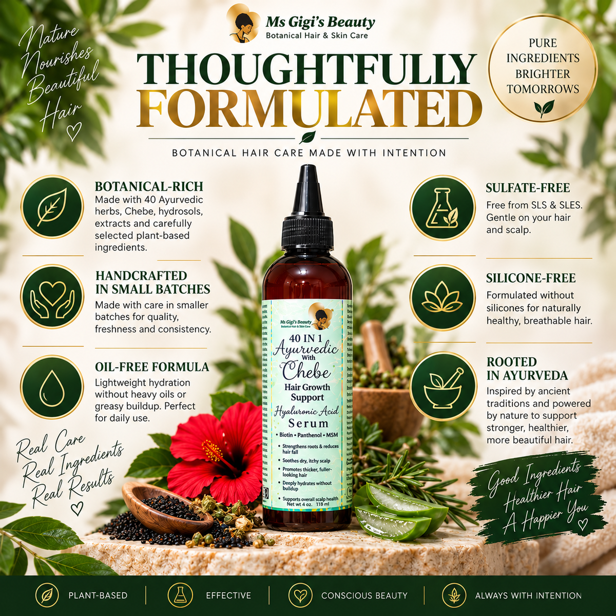 40 IN 1 Ayurvedic With Chebe Hair Serum, Oil Free Herbal Hyaluronic Acid Serum With Biotin