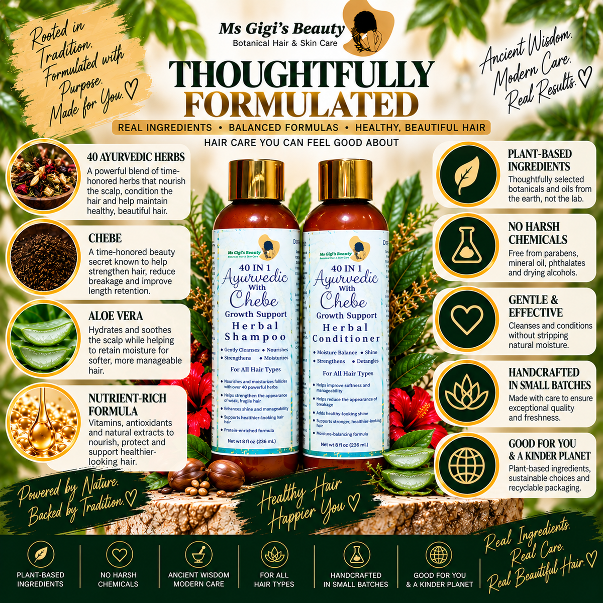 40 IN 1 Ayurvedic With Chebe Wash Day Duo, Growth Support Herbal Shampoo & Conditioner