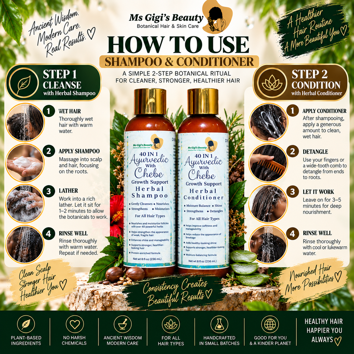 40 IN 1 Ayurvedic With Chebe Wash Day Duo, Growth Support Herbal Shampoo & Conditioner