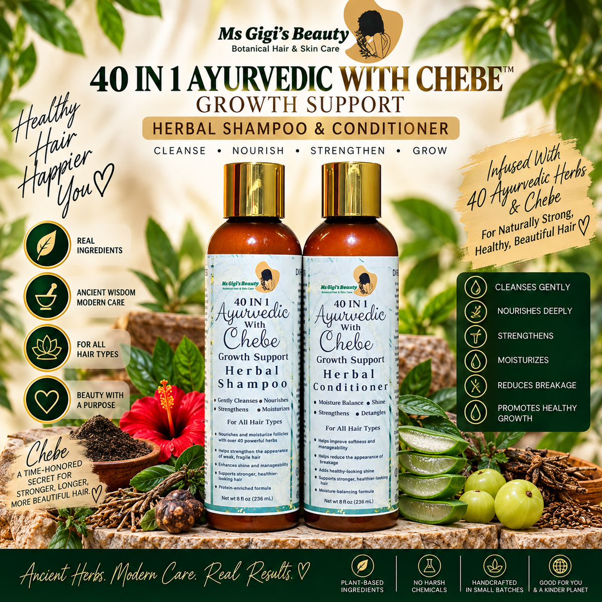 40 IN 1 Ayurvedic With Chebe Wash Day Duo, Growth Support Herbal Shampoo & Conditioner
