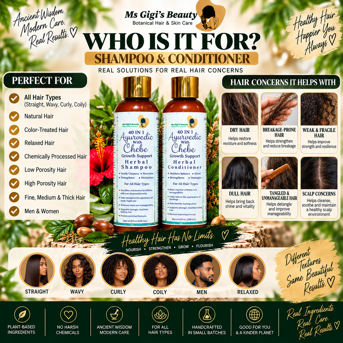40 IN 1 Ayurvedic With Chebe Wash Day Duo, Growth Support Herbal Shampoo & Conditioner