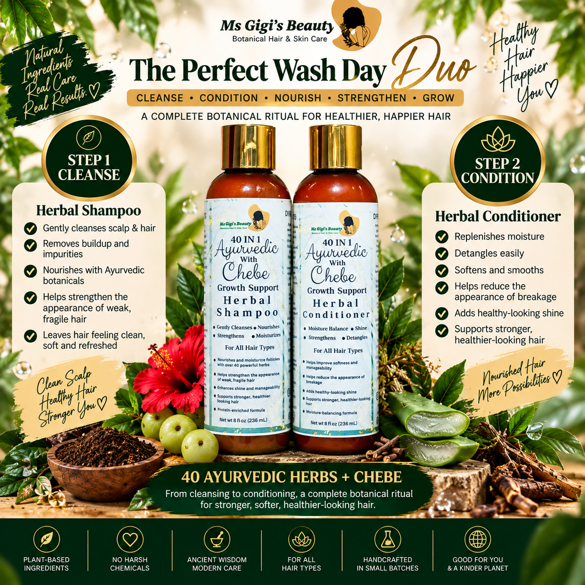 40 IN 1 Ayurvedic With Chebe Wash Day Duo, Growth Support Herbal Shampoo & Conditioner