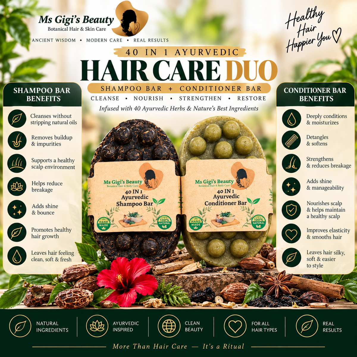 Ayurvedic Shampoo Bar, Ayurvedic Conditioner Bar, 40 IN 1 Ayurvedic Shampoo & Conditioner Bars