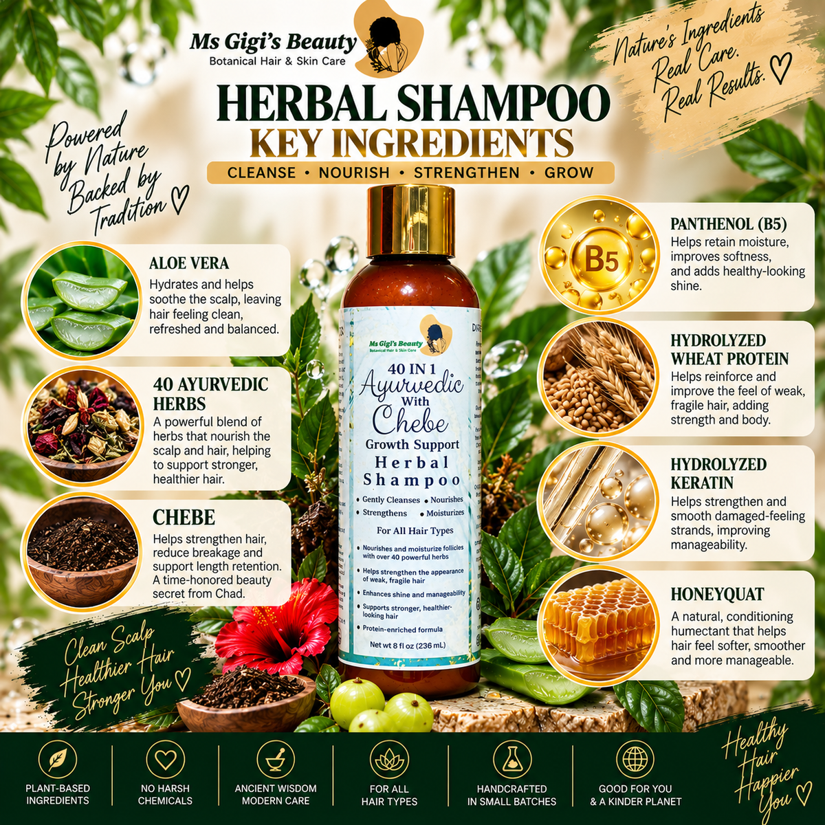 40 IN 1 Ayurvedic With Chebe Wash Day Duo, Growth Support Herbal Shampoo & Conditioner
