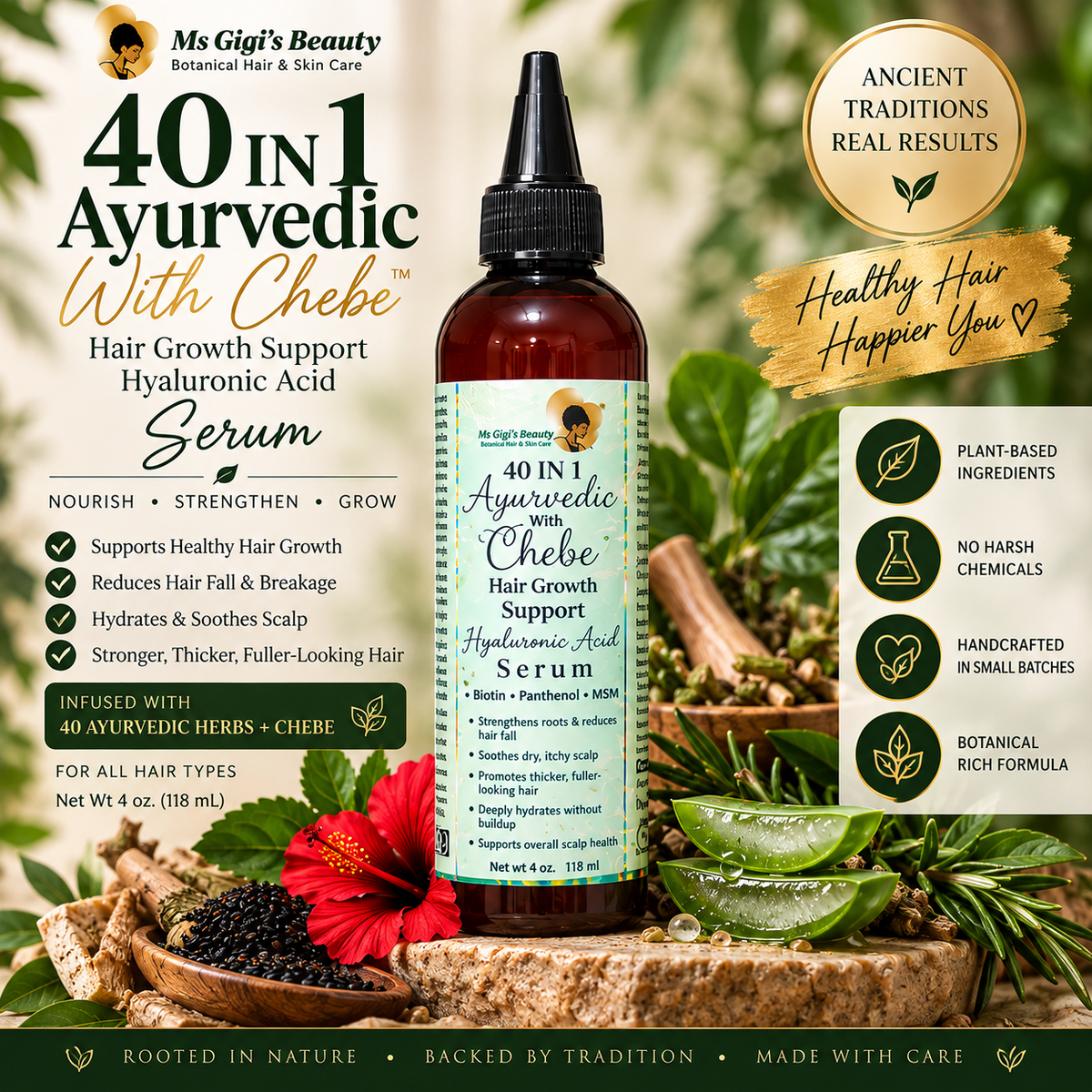 40 IN 1 Ayurvedic With Chebe Hair Serum, Oil Free Herbal Hyaluronic Acid Serum With Biotin