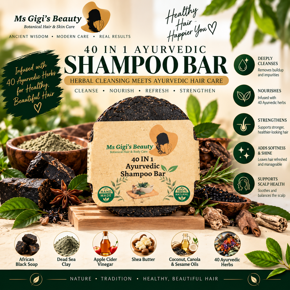 Ayurvedic Shampoo Bar, Ayurvedic Conditioner Bar, 40 IN 1 Ayurvedic Shampoo & Conditioner Bars