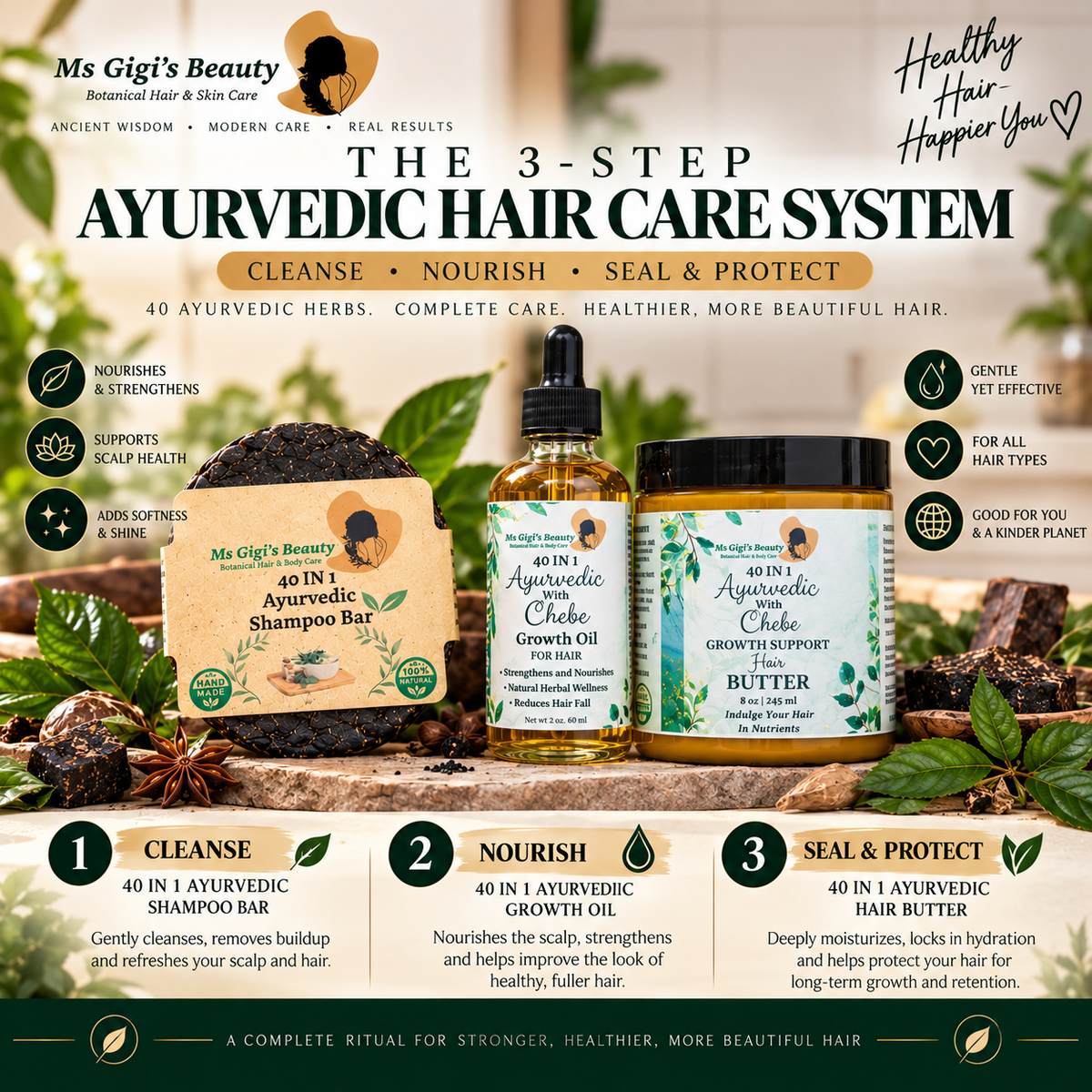 3-Step Ayurvedic With Chebe Hair Care System, Ayurvedic Hair Growth Oil, Ayurvedic With Chebe Butter