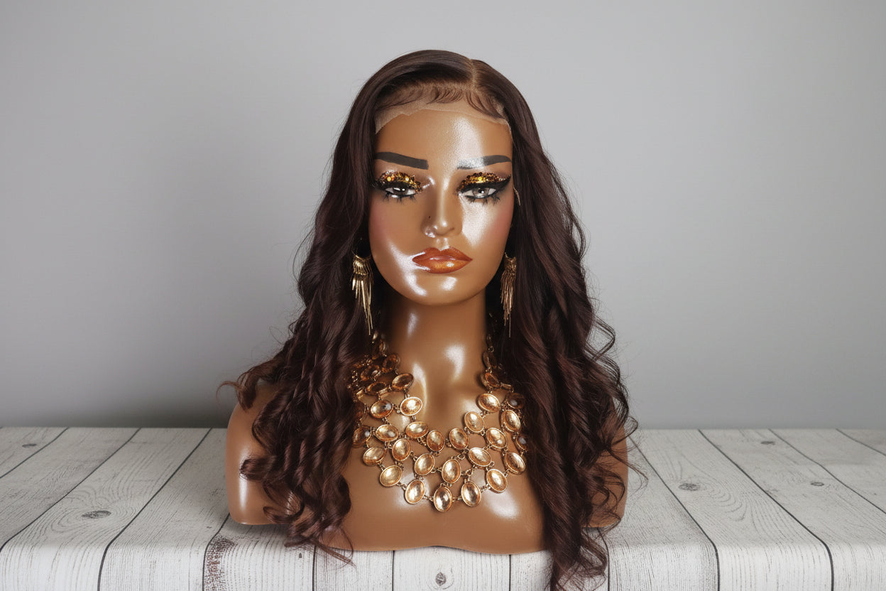 Mannequin head with a brown wig and gold jewelry on a wooden surface.